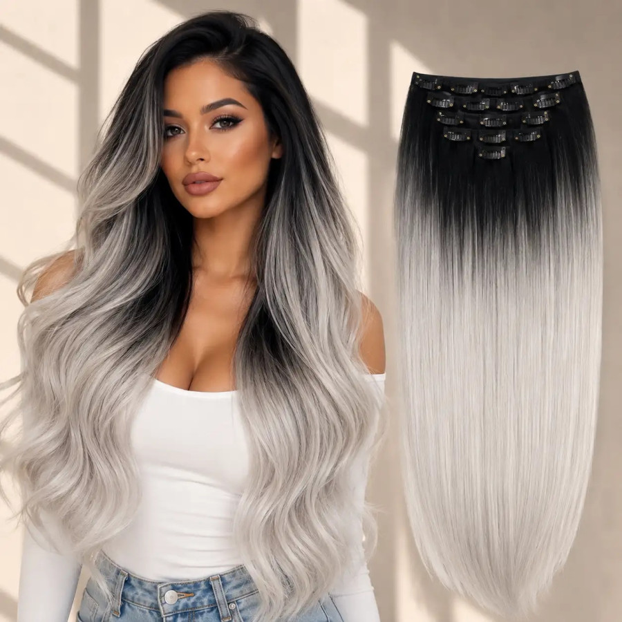 Clip-On White Platinum Ombre Negru Natural / Grey
